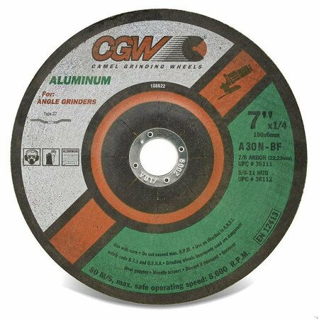 CGW ABRASIVES Flat Depressed Center Wheel, 4-1/2 in Dia x 1/4 in THK, 30 Grit, Aluminum Oxide Abrasive 36108